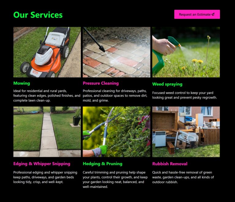 Screenshot of the Pryor Lawn Care website showing the areas serviced, including Casino, Lismore, Kyogle, Coraki, and surrounding areas.
