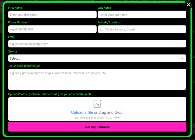 Screenshot of the Pryor Lawn Care request estimate pop-up form showing fields for customer details, location, service type, job description, photo upload, and estimate request submission.
