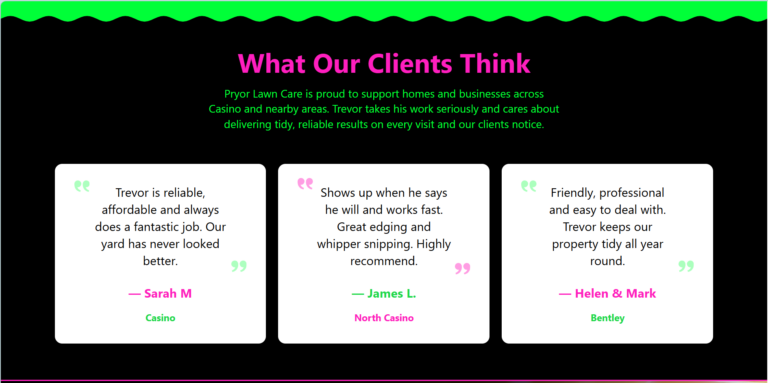 Screenshot of the Pryor Lawn Care website showing a client review section with three testimonial cards on a black background with green and pink brand accents.